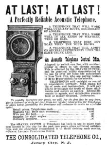 Advertisement for an acoustic telephone system by the Consolidated Telephone Co., Jersey City, NJ, 1886